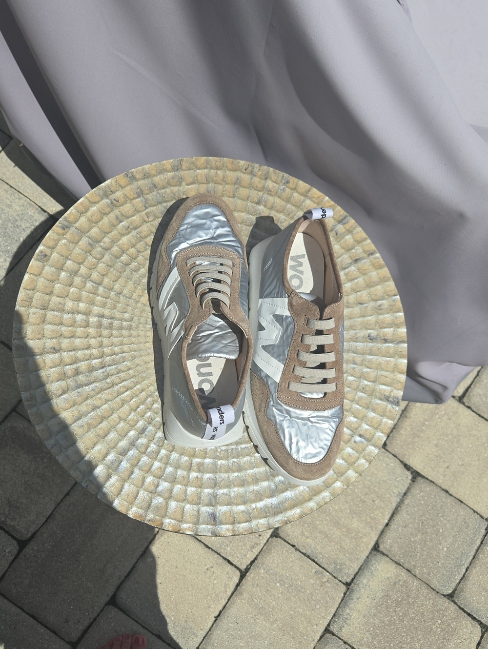 Metallic Silver and Taupe Lace-Up Women's Sneakers